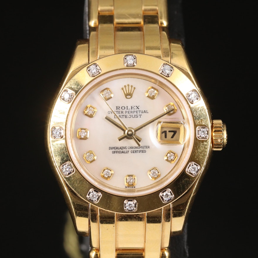 Rolex Datejust 18K Diamond Dial and Factory Diamond Bezel Pearlmaster Wristwatch