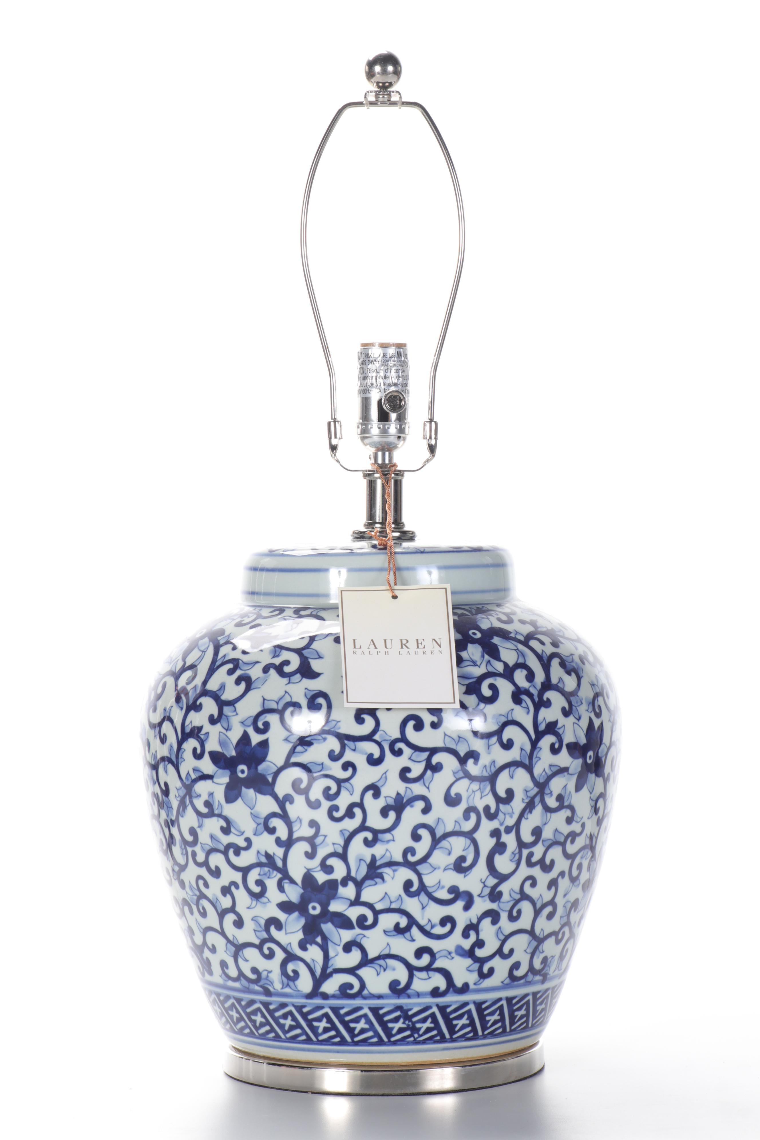 Ralph Lauren Blue and White Ginger Jar Porcelain Lamp, Contemporary