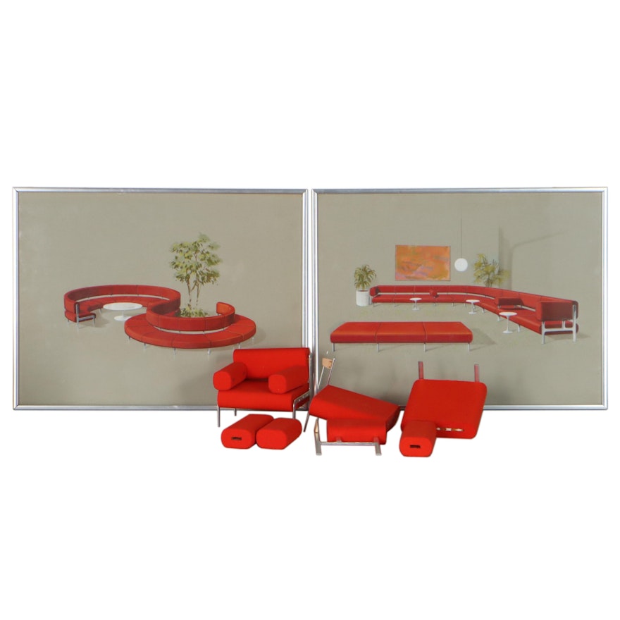 Mid Century Modern Furniture Design Gouache Paintings with Maquette Furniture