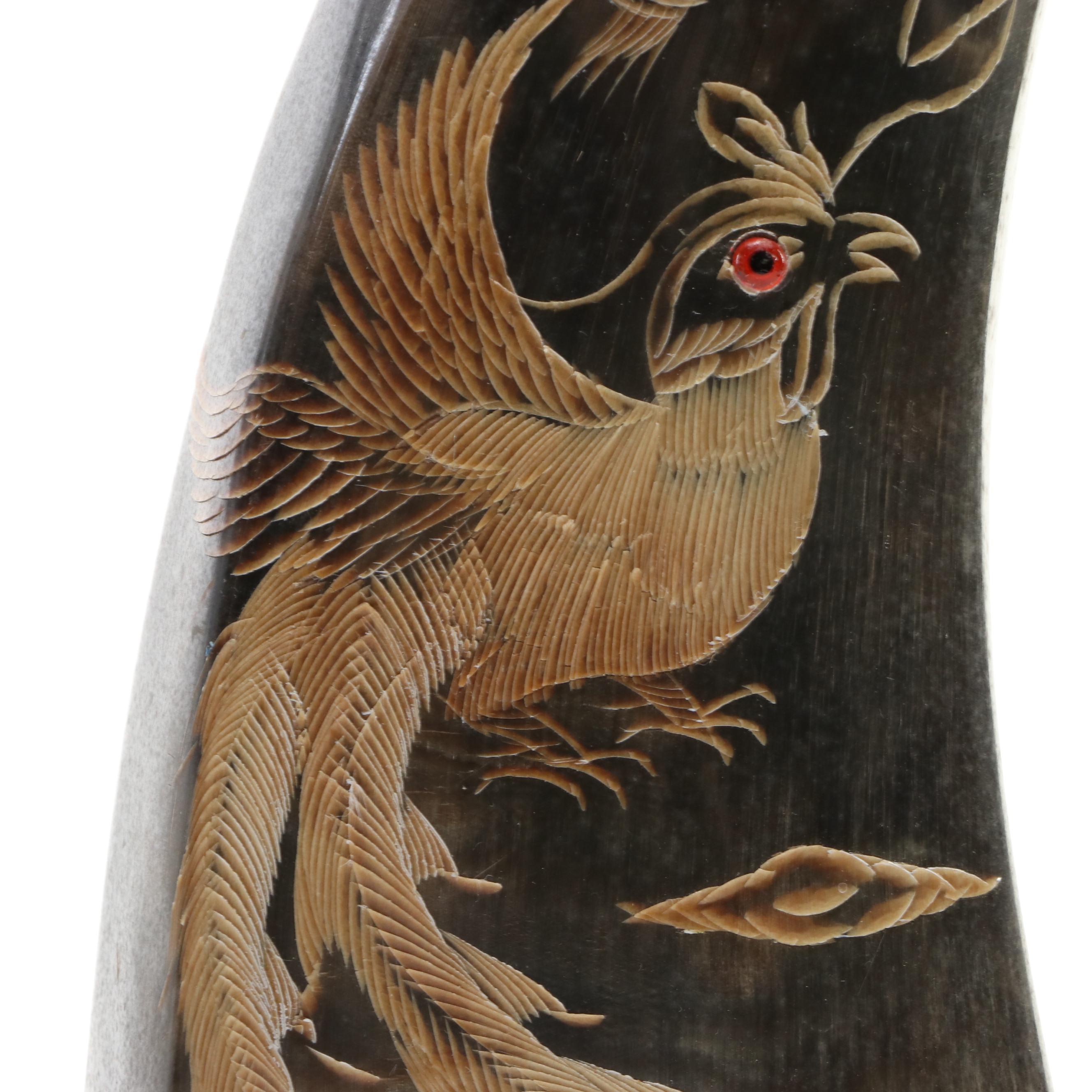 Pair of Carved Chinese Horns with Phoenix Motif