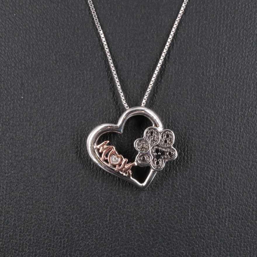 Sterling Diamond Heart Mom Pendant Necklace with 10K Gold Accent