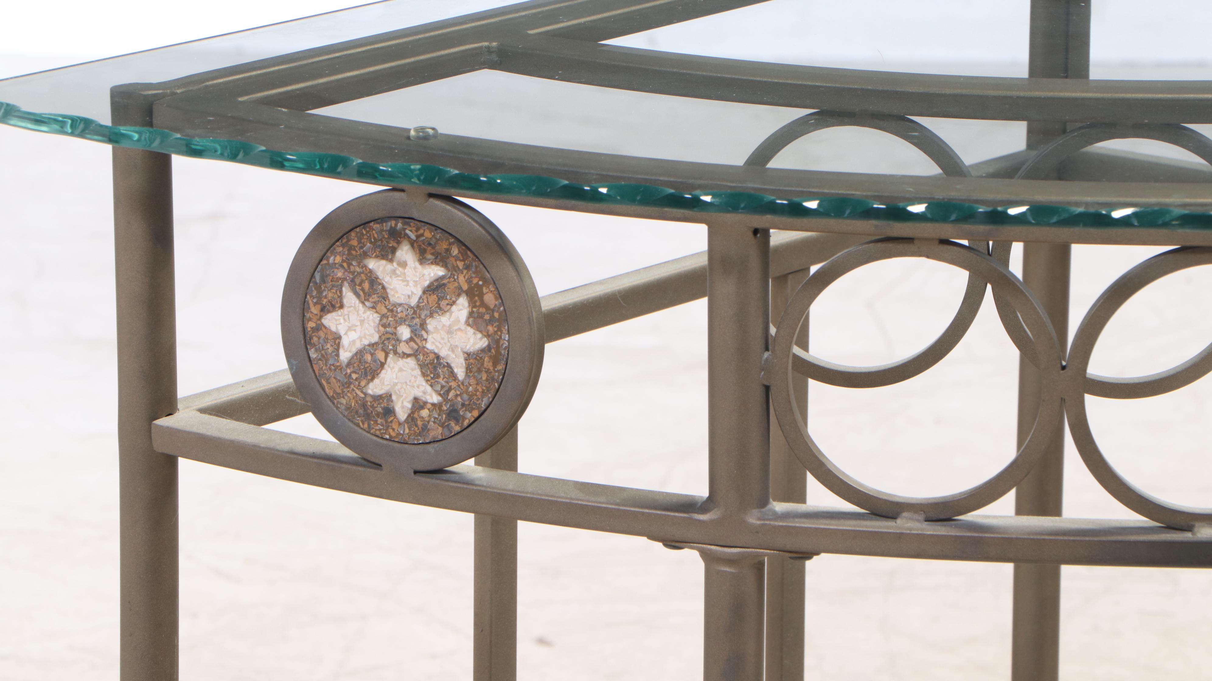 Tiered Metal Corner Table with Terrazo Detail and Scalloped Glass Top