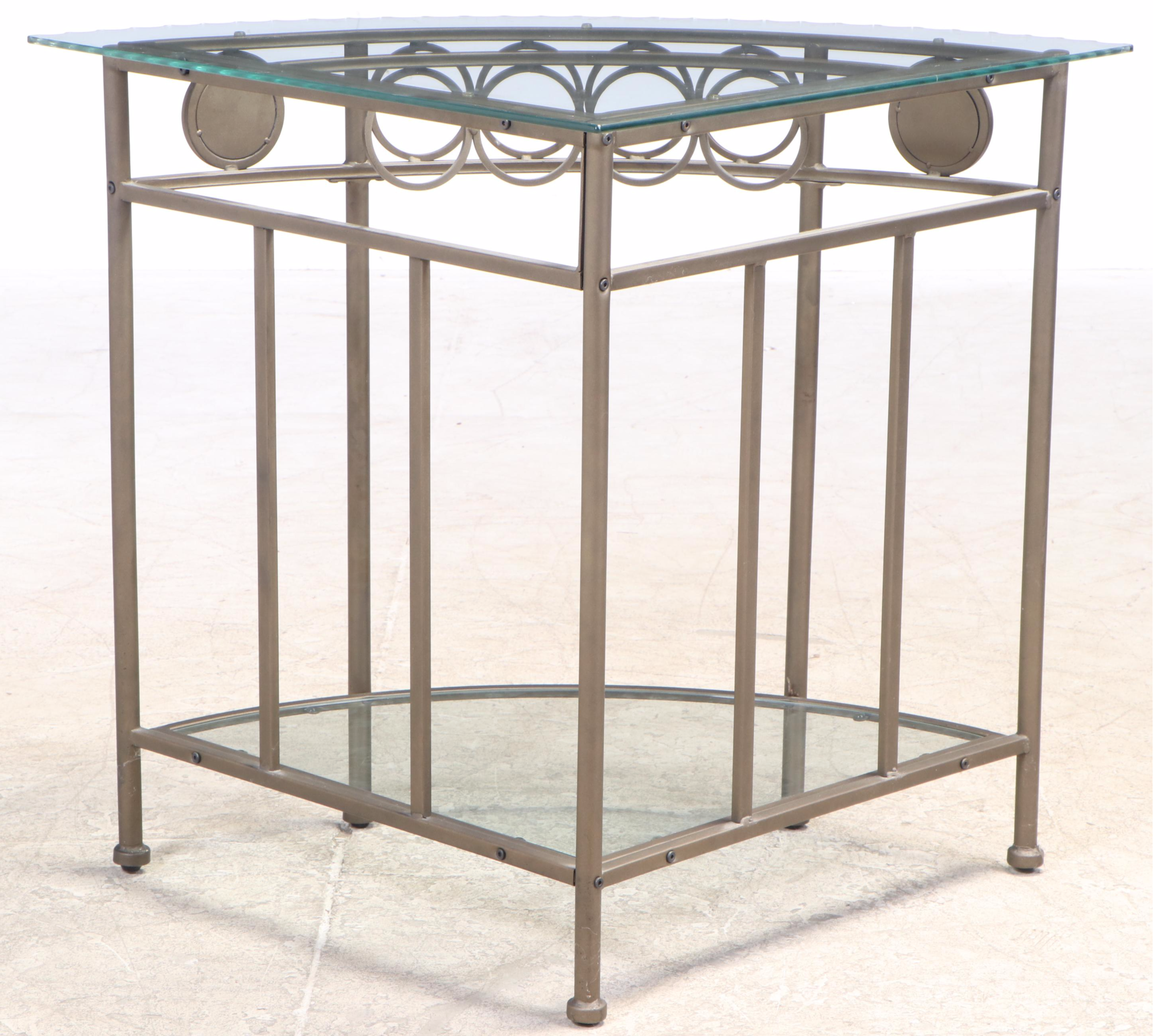 Tiered Metal Corner Table with Terrazo Detail and Scalloped Glass Top