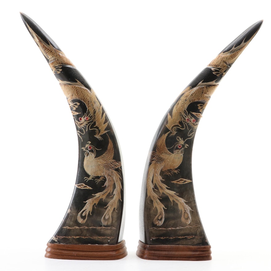 Pair of Carved Chinese Horns with Phoenix Motif