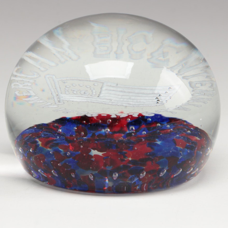 John Gentile Handcrafted American Bicentennial with Flag Art Glass Paperweight