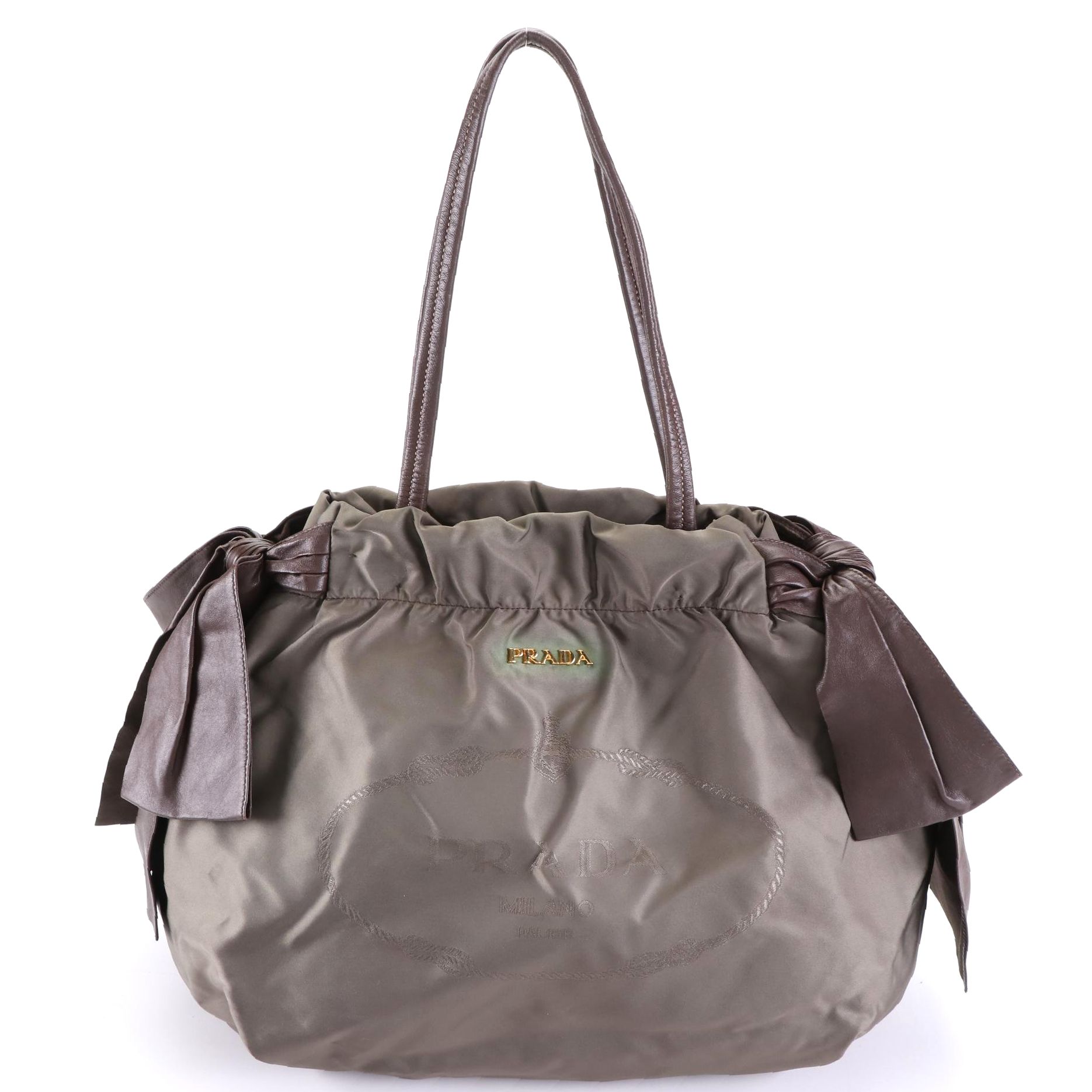Prada Medium Bow Tote in Nylon Gabardine Jacquard and Brown Lambskin Leather