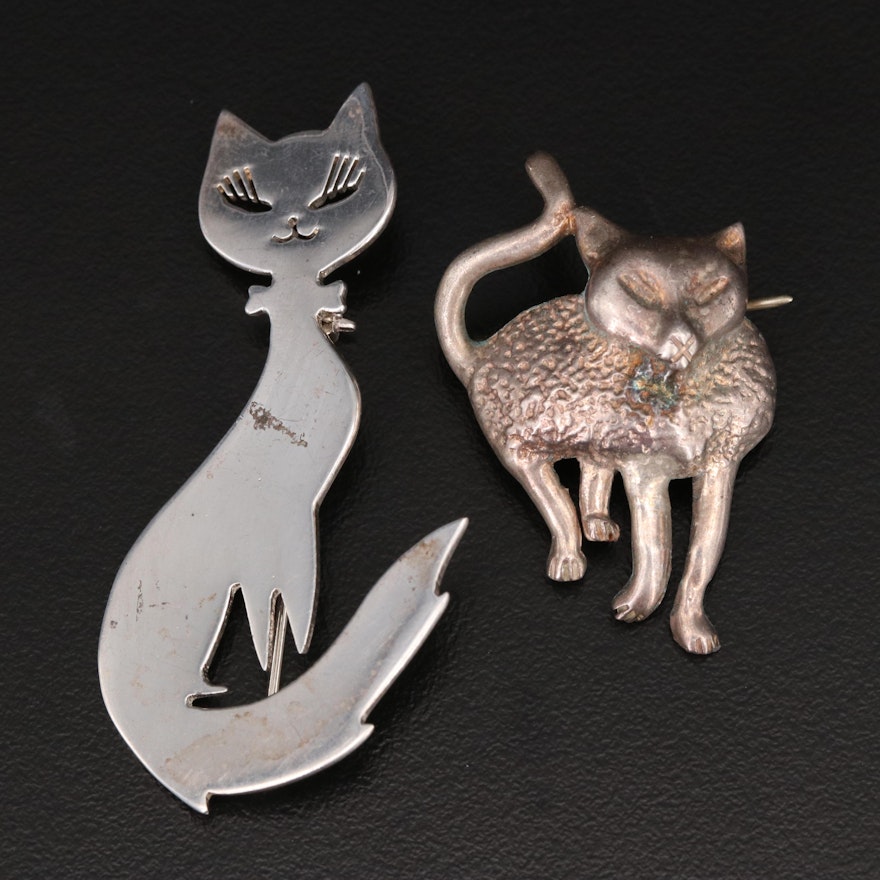 Mexican Sterling Cat Brooches