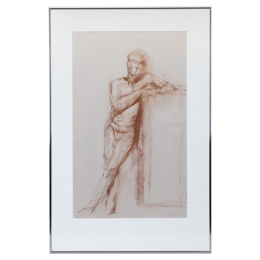 Paula J. Nees Male Nude Pastel Drawing "Standing Figure," Late 20th Century
