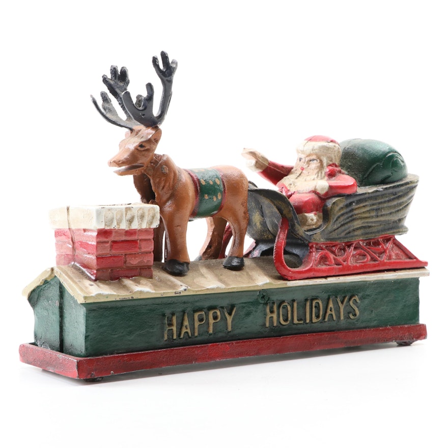 Santa with Reindeer "Happy Holidays" Cast Iron Mechanical Bank
