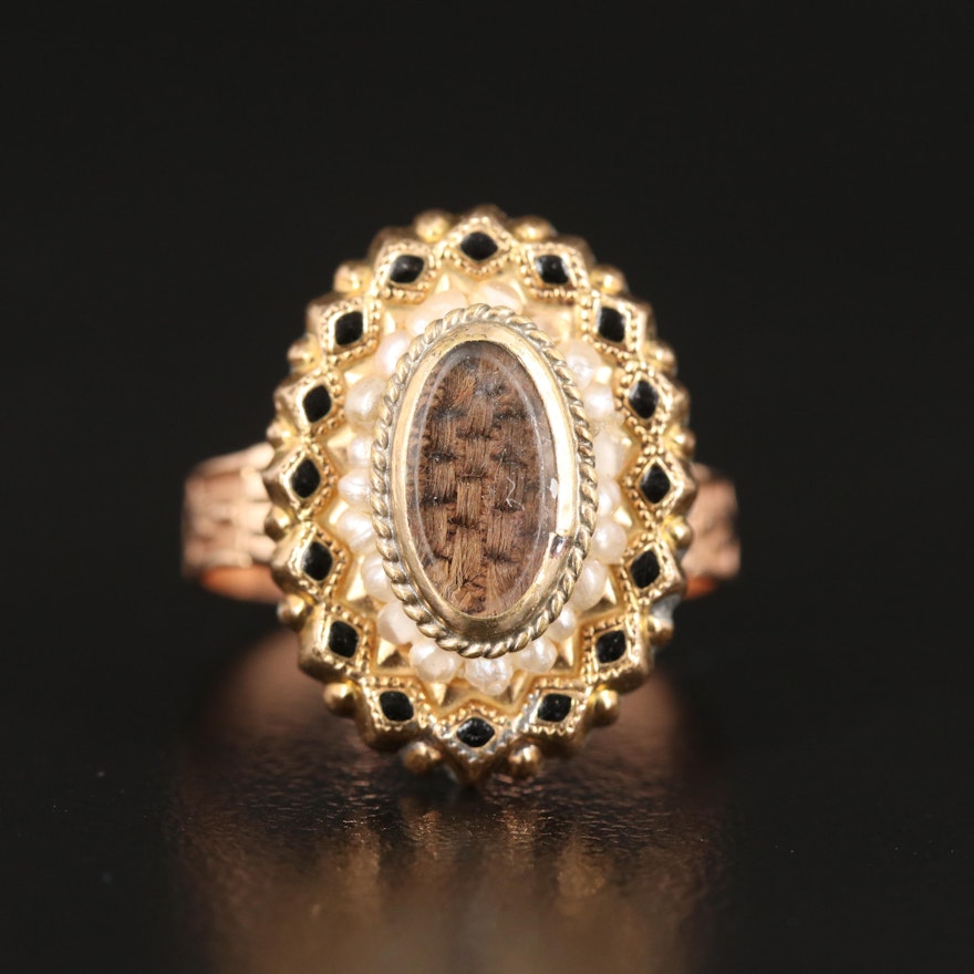 Victorian Mourning Ring with 14K, Seed and Imitation Pearl