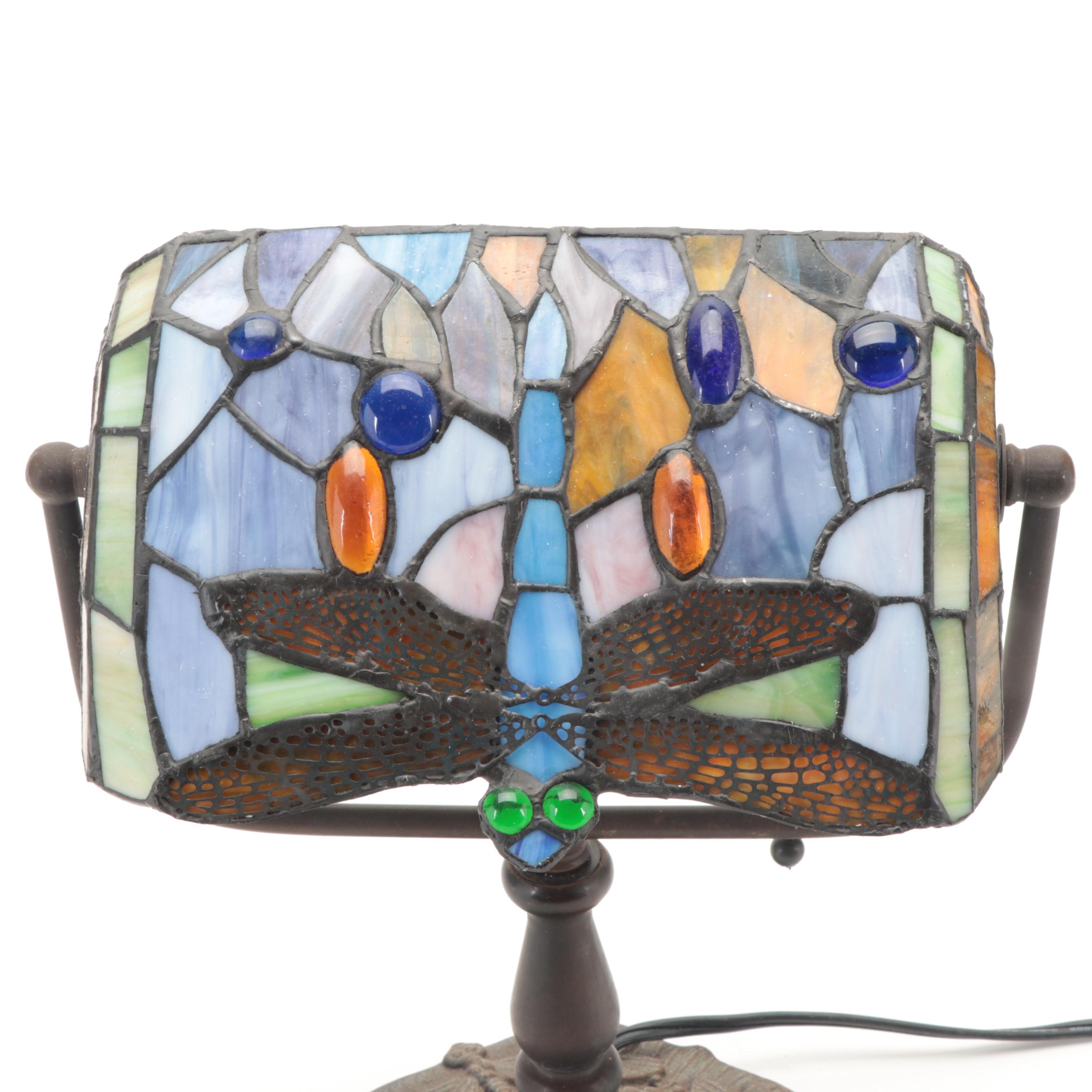 Art Nouveau Style Cast Iron Desk Lamp with Dragonfly Slag Glass Shade