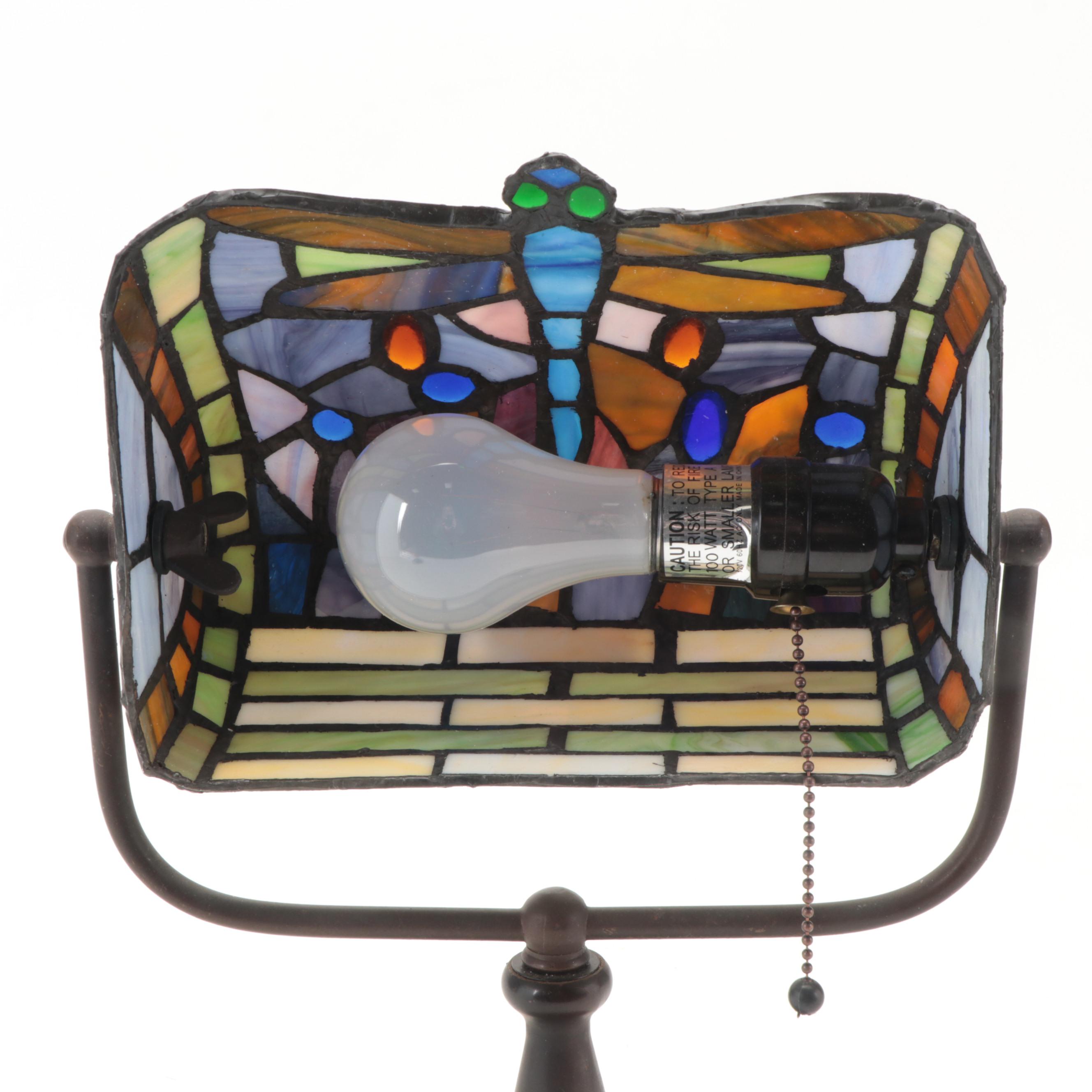Art Nouveau Style Cast Iron Desk Lamp with Dragonfly Slag Glass Shade