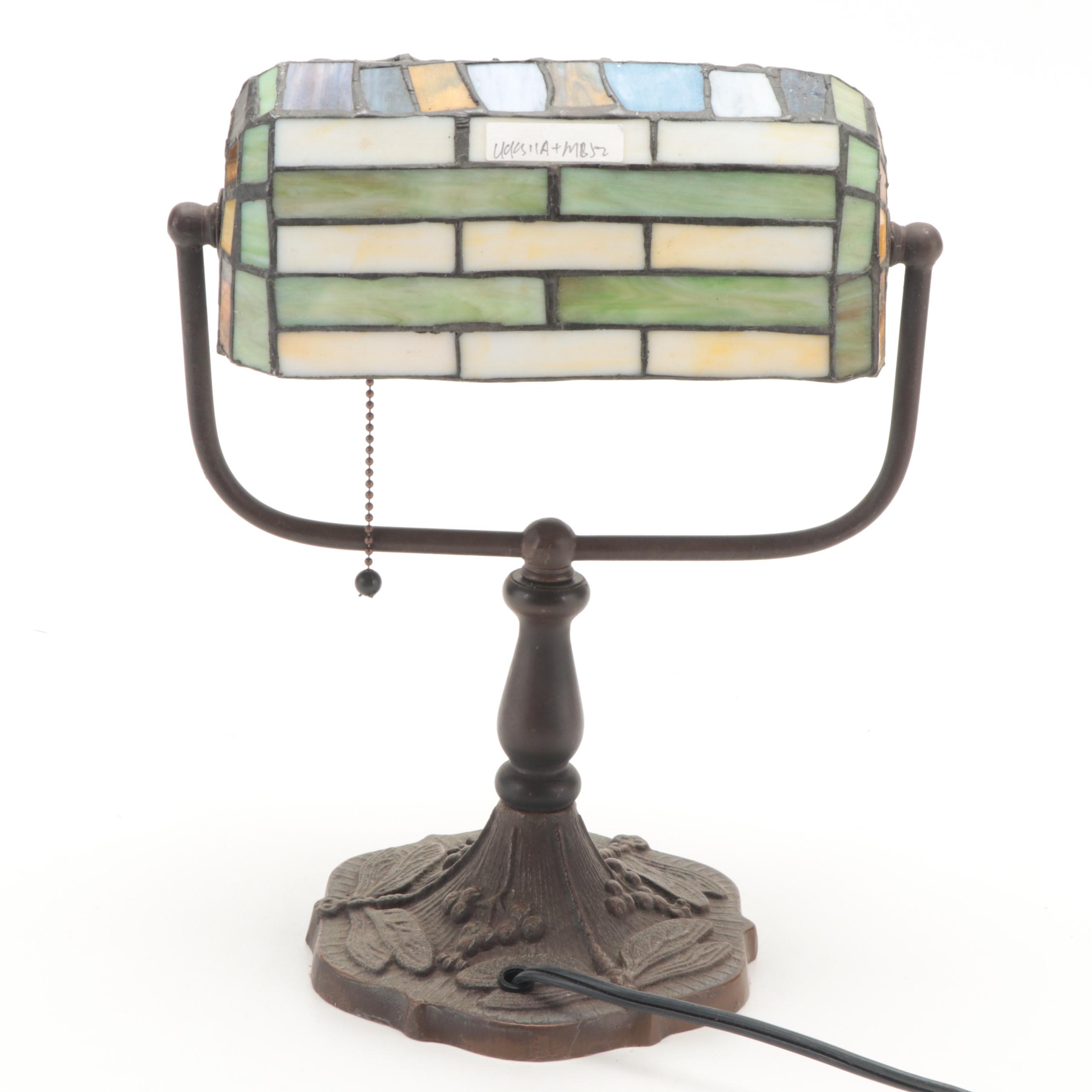Art Nouveau Style Cast Iron Desk Lamp with Dragonfly Slag Glass Shade