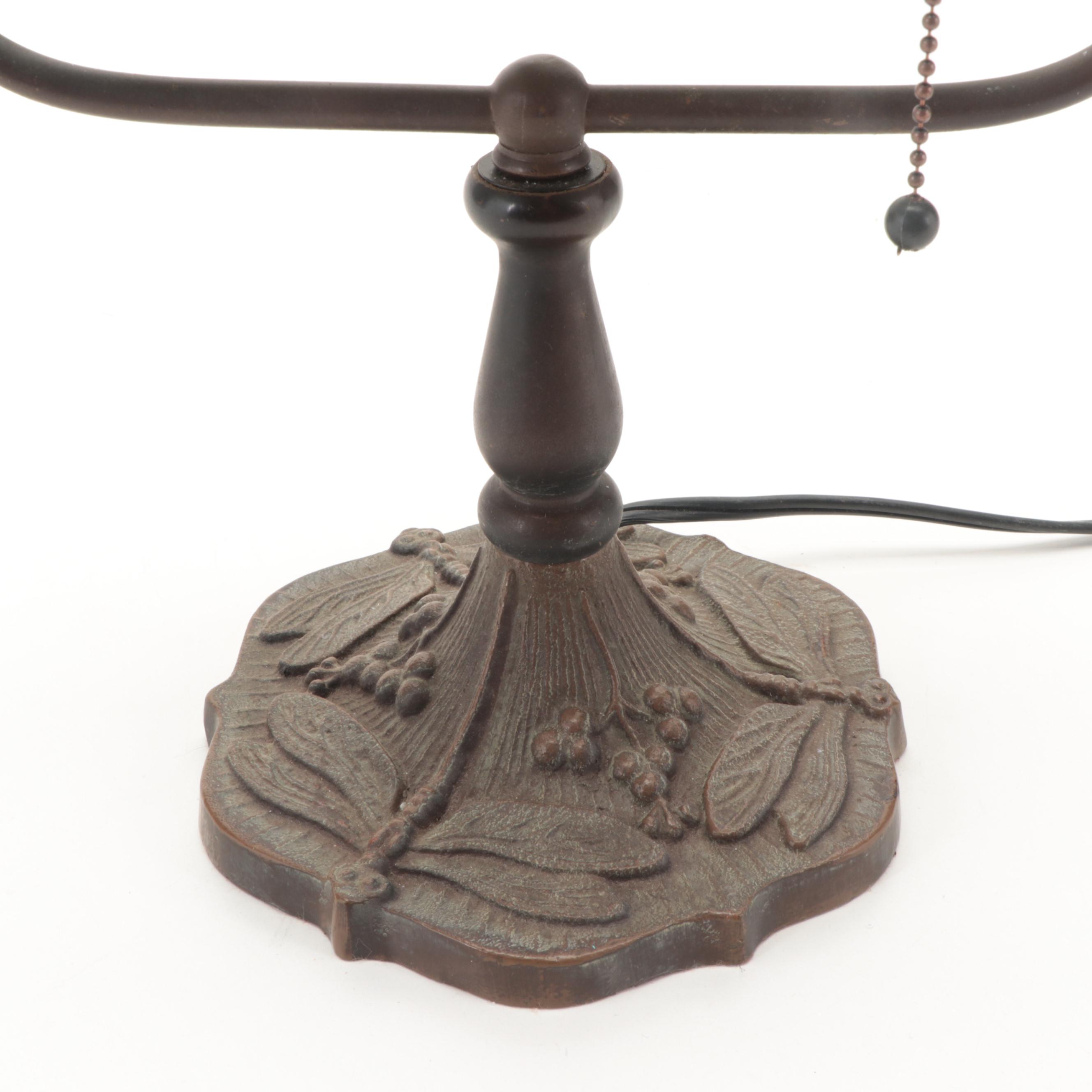 Art Nouveau Style Cast Iron Desk Lamp with Dragonfly Slag Glass Shade