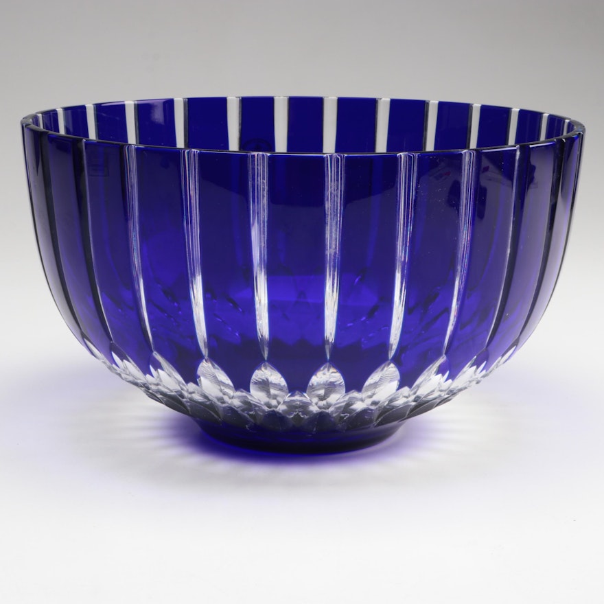 Ajka Crystal "Castille Alberga" Cobalt Cut to Clear Centerpiece Bowl