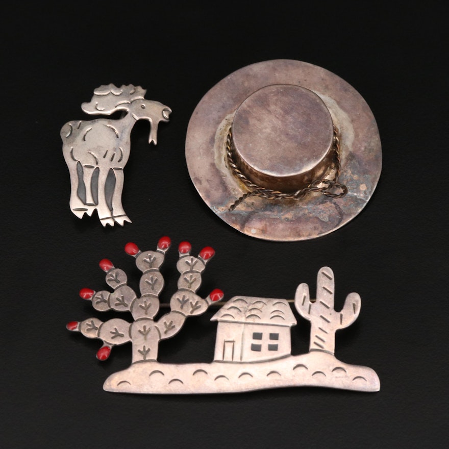 Sterling Moose, Mexican Scenic and Hat Brooches