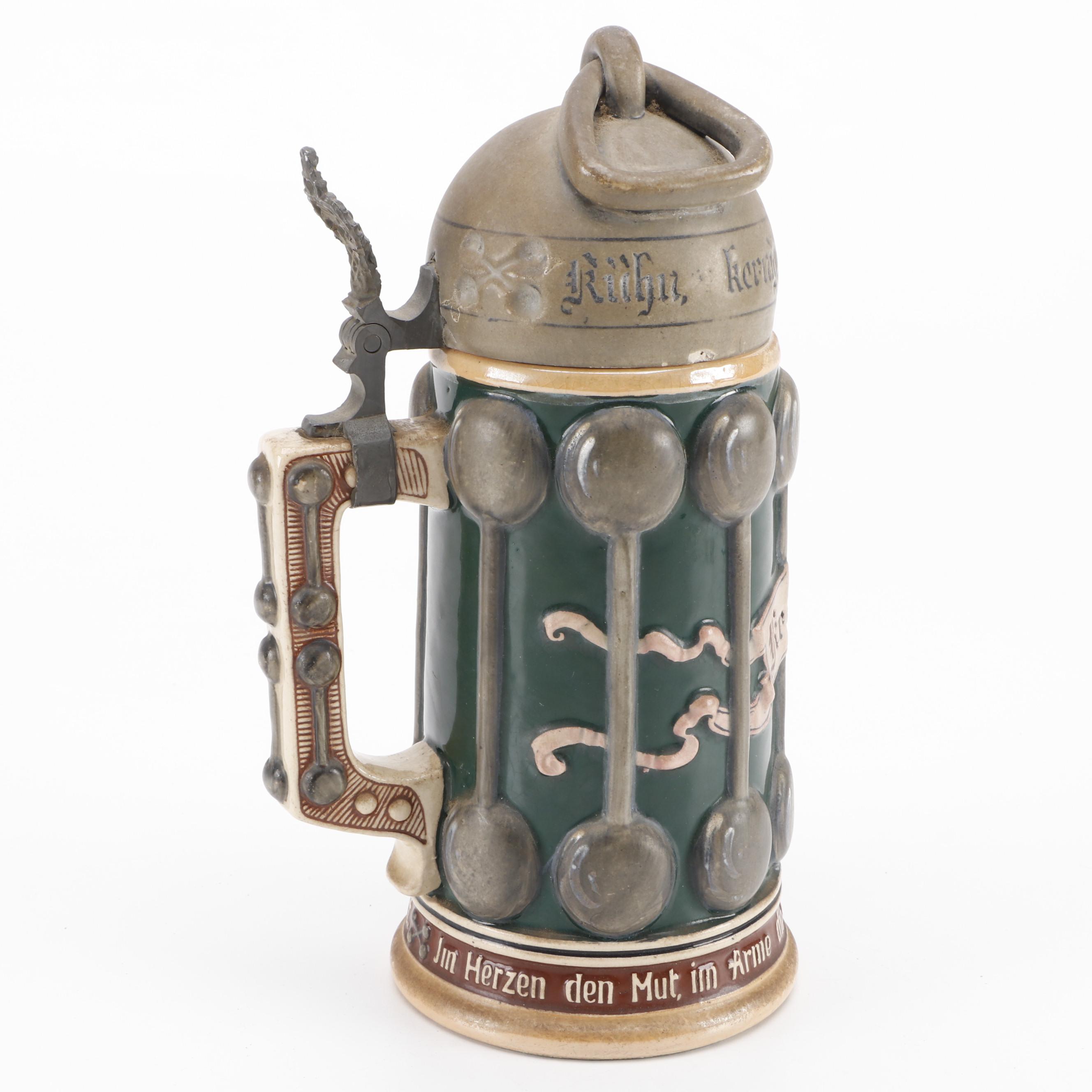 German Stoneware Beer Stein, Late 19th/ Early 20th Century