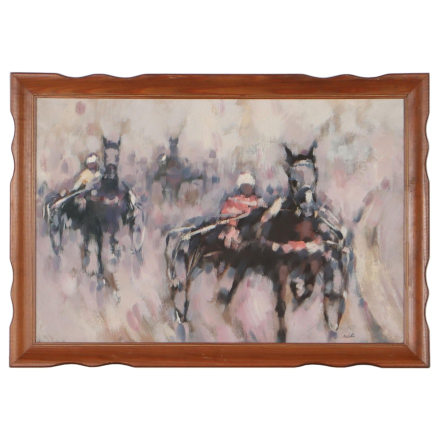 Impressionist Style Oil Painting of Harness Race, Late 20th Century