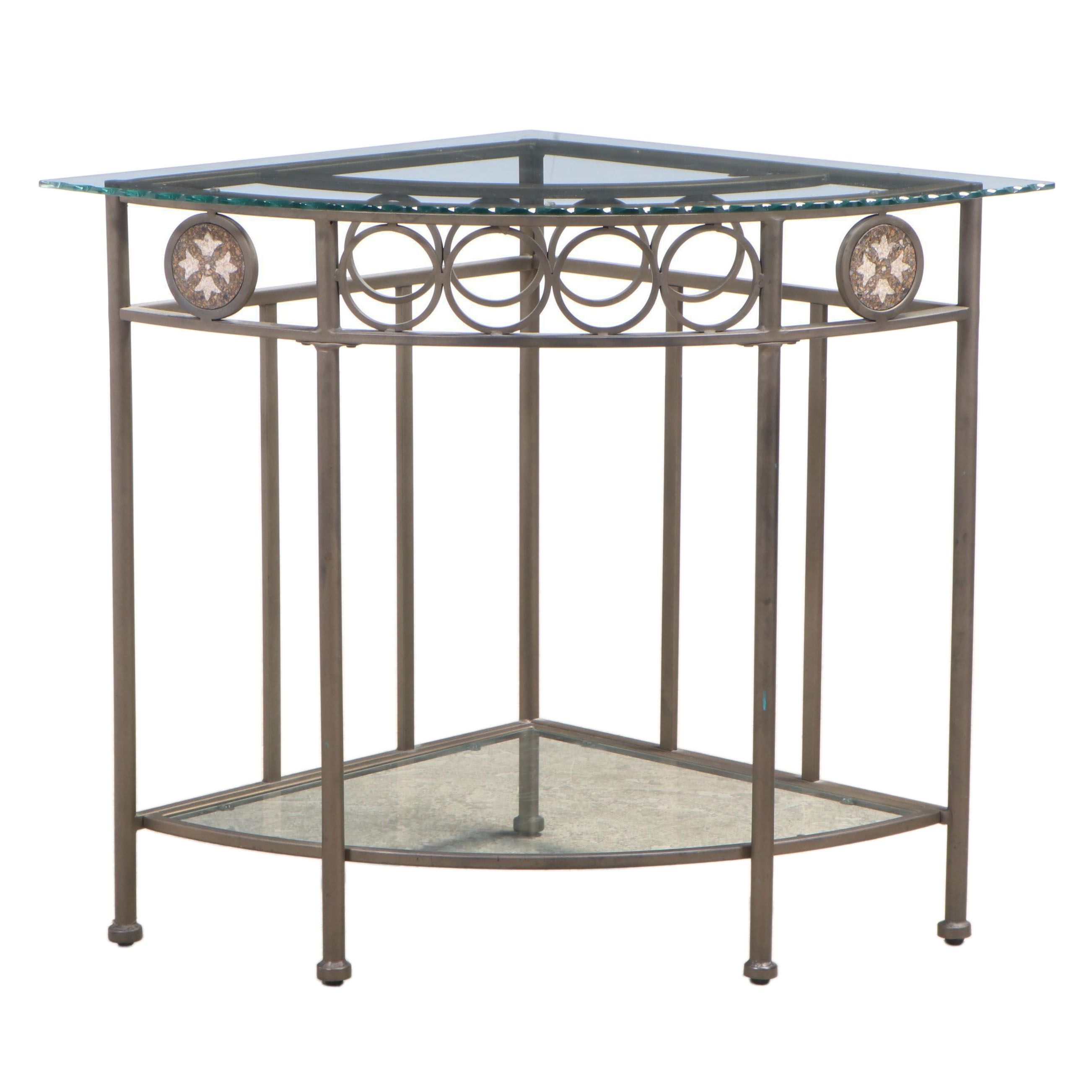 Tiered Metal Corner Table with Terrazo Detail and Scalloped Glass Top