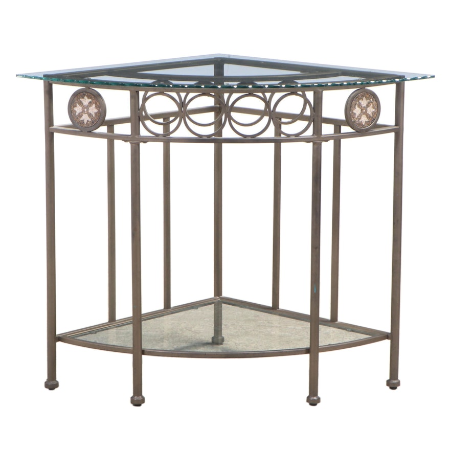 Tiered Metal Corner Table with Terrazo Detail and Scalloped Glass Top