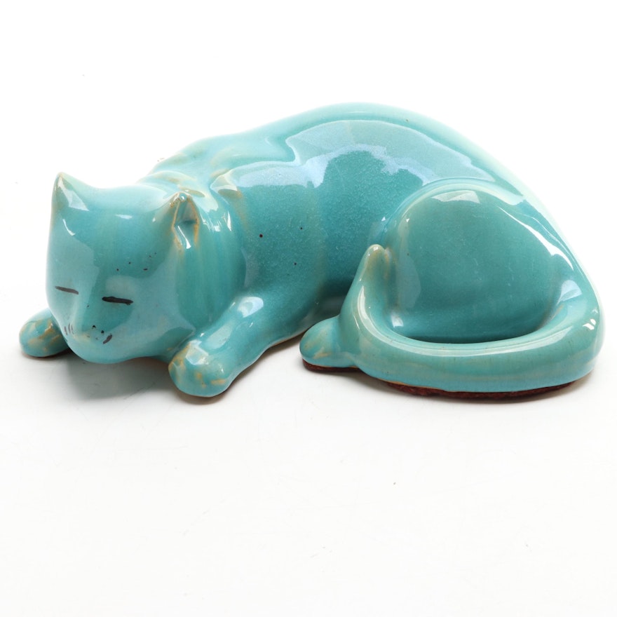 Ceramic Turquoise Glazed Sleeping Cat Figurine, Mid to Late 20th Century