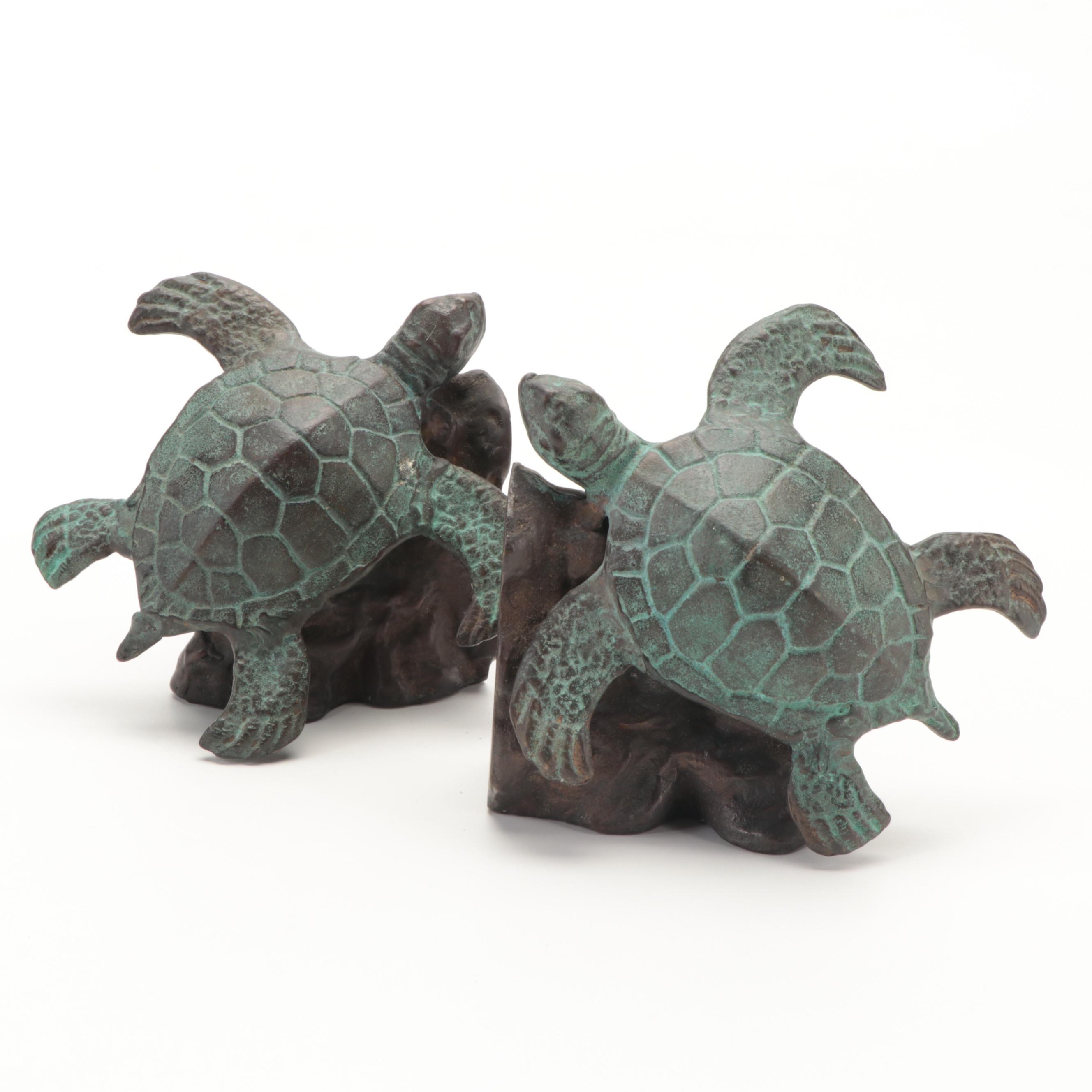 Patinated Cast Metal and Bronze Sea Turtle Bookends