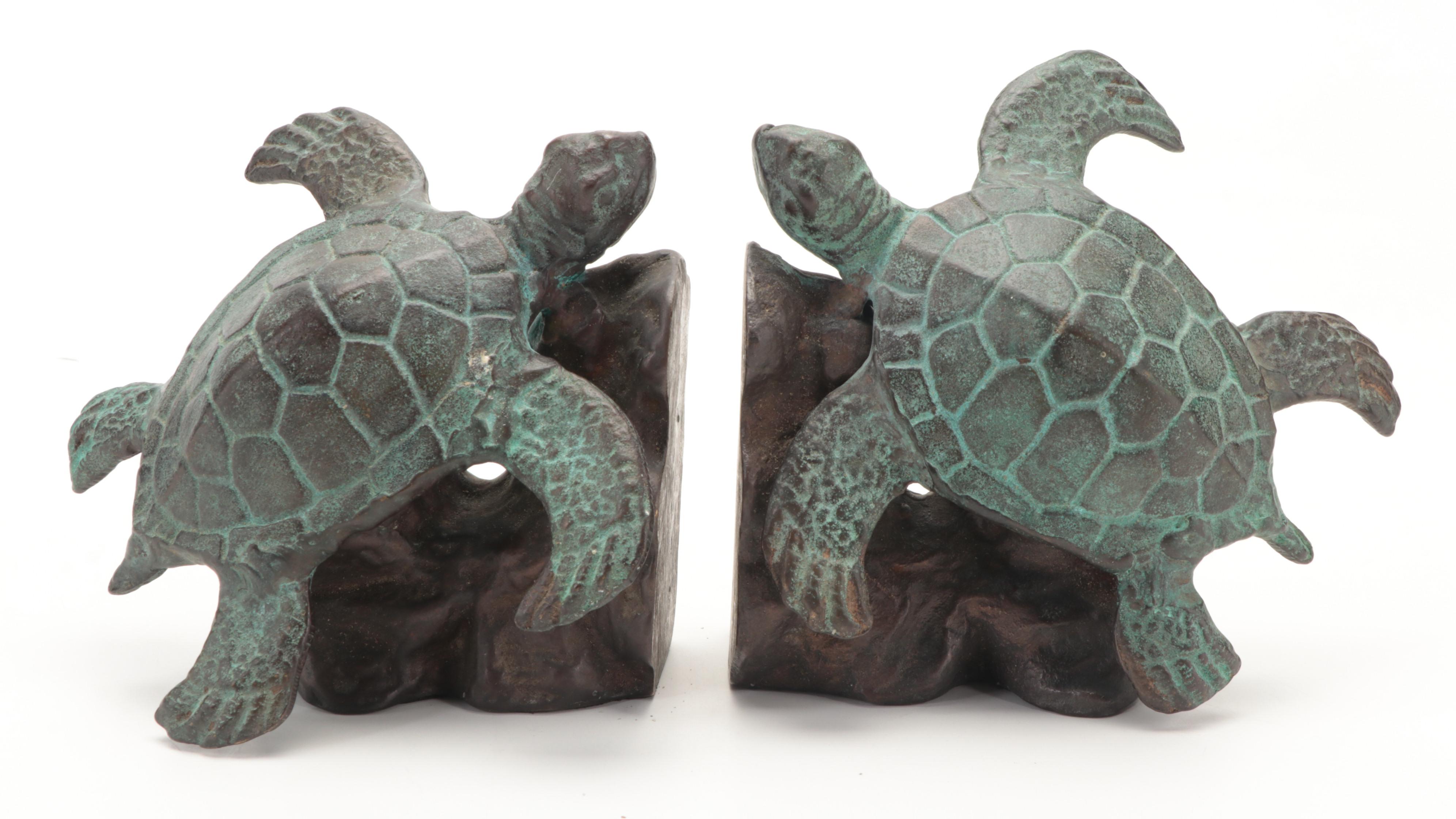 Patinated Cast Metal and Bronze Sea Turtle Bookends