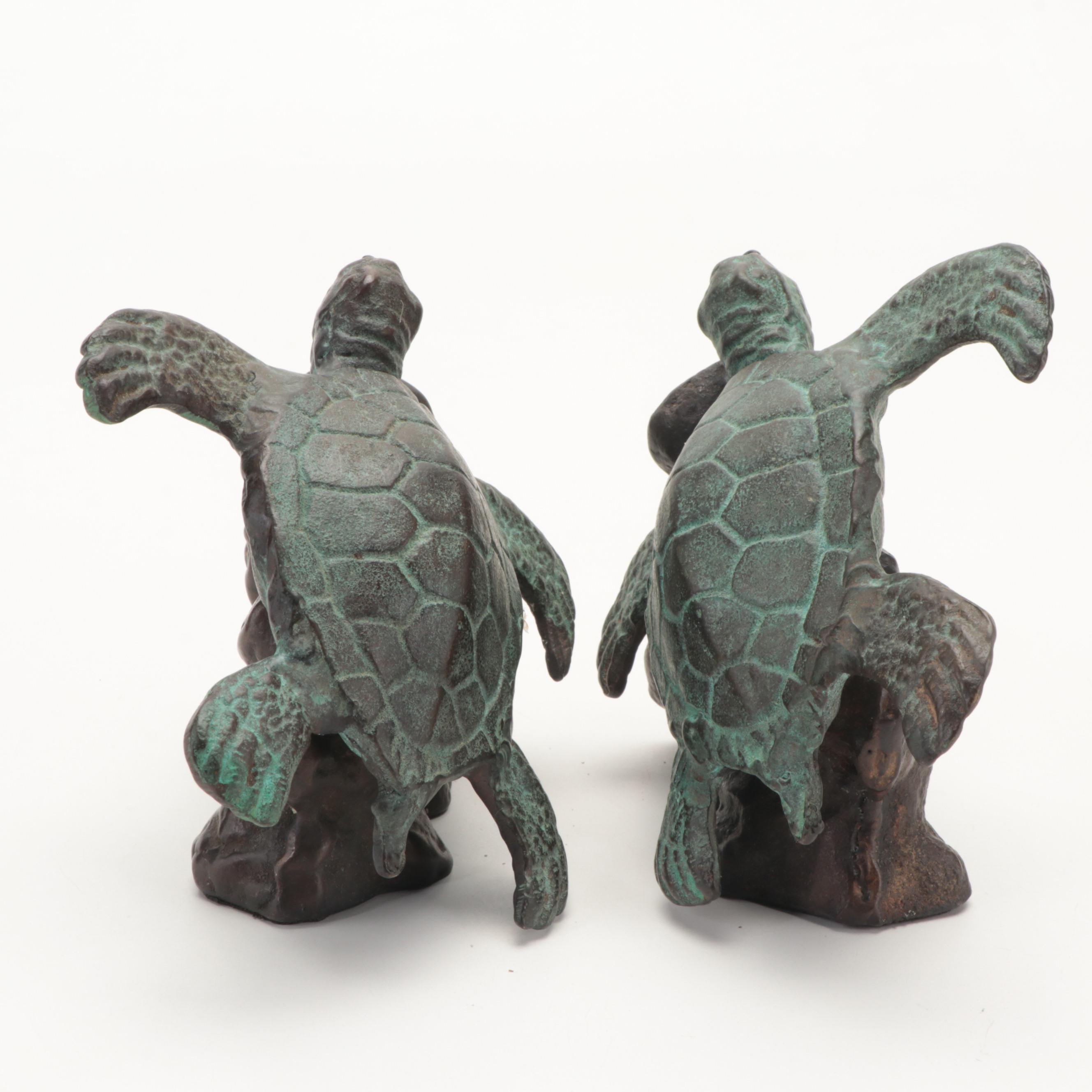 Patinated Cast Metal and Bronze Sea Turtle Bookends