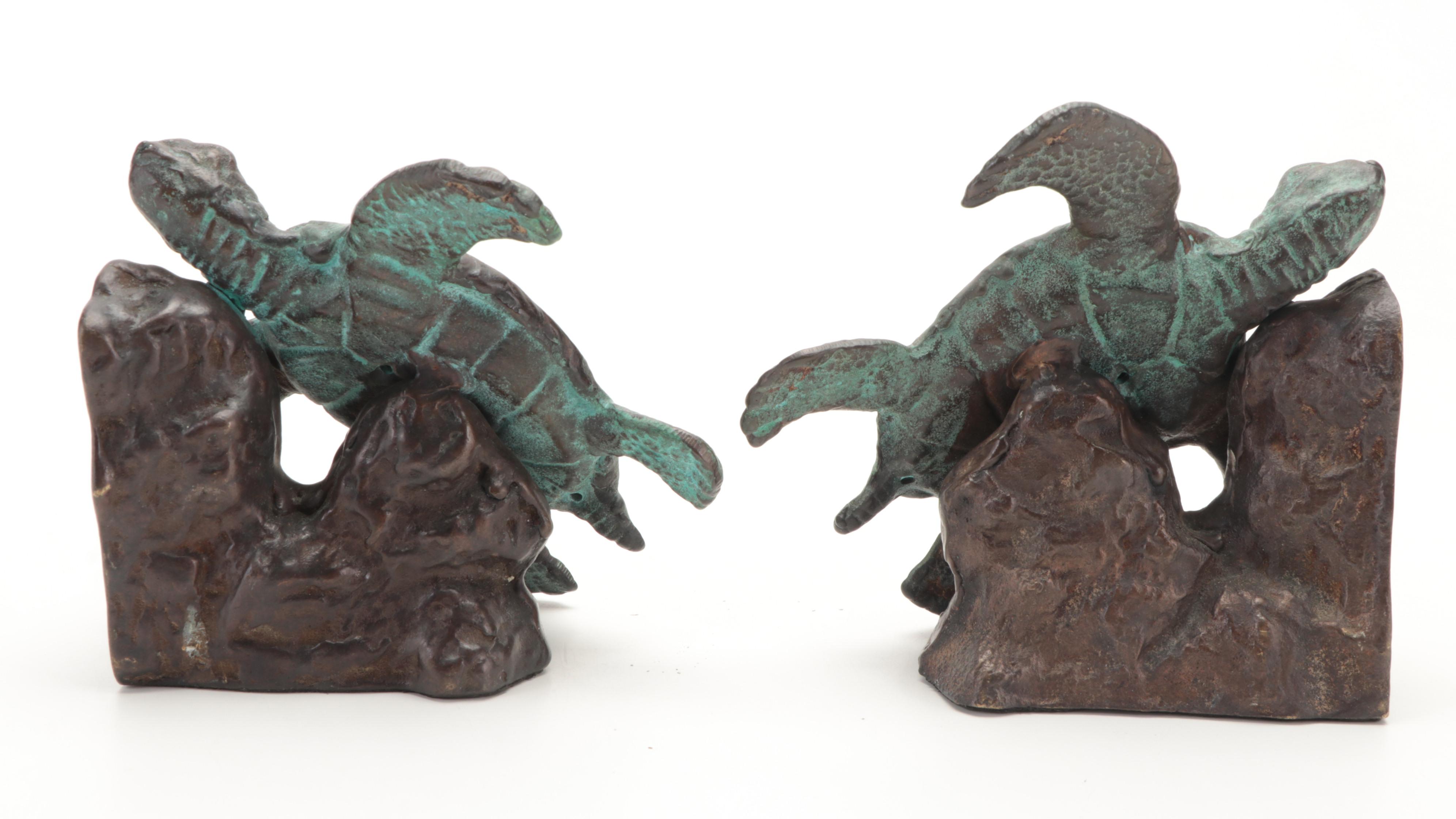 Patinated Cast Metal and Bronze Sea Turtle Bookends