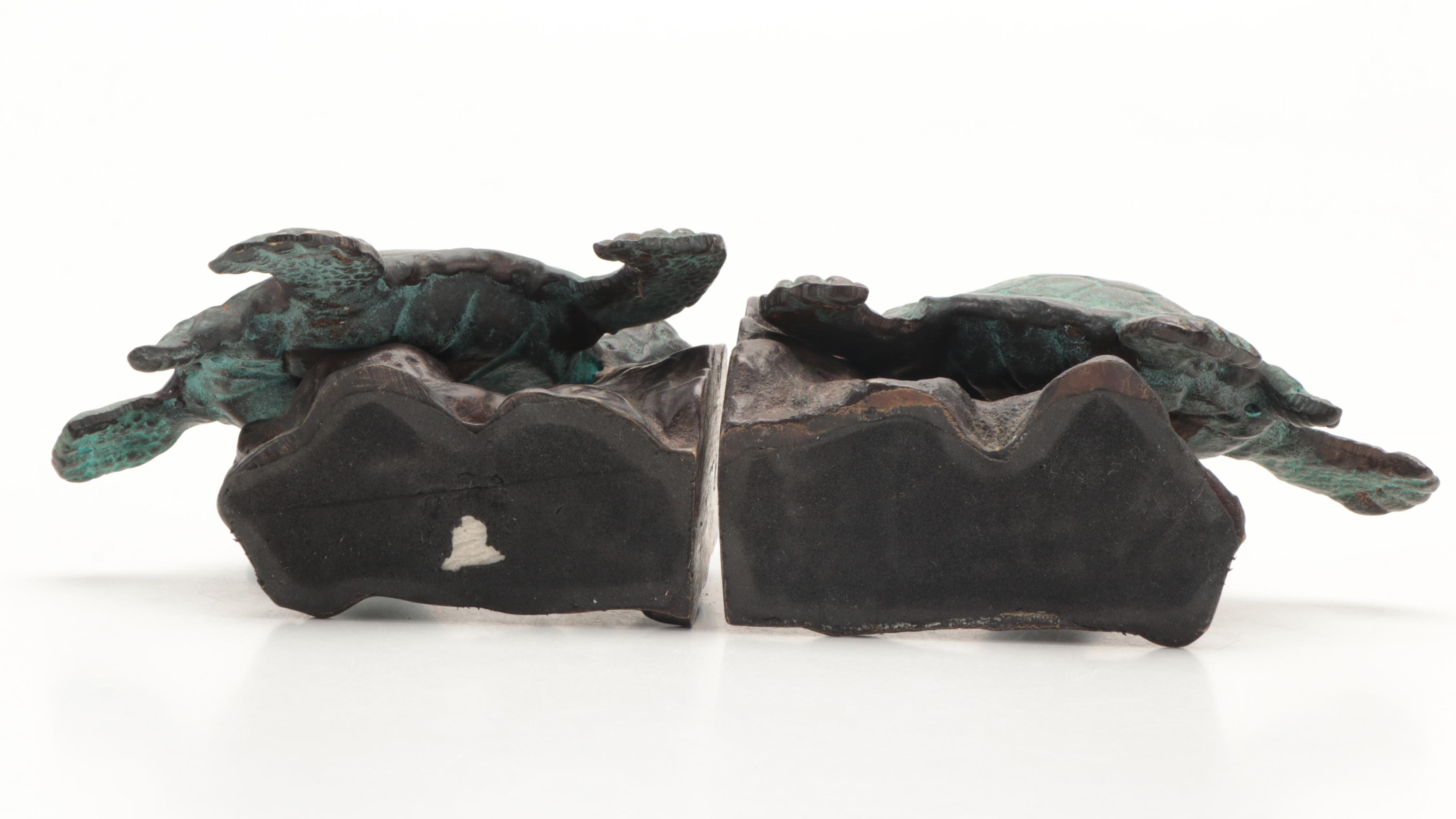 Patinated Cast Metal and Bronze Sea Turtle Bookends