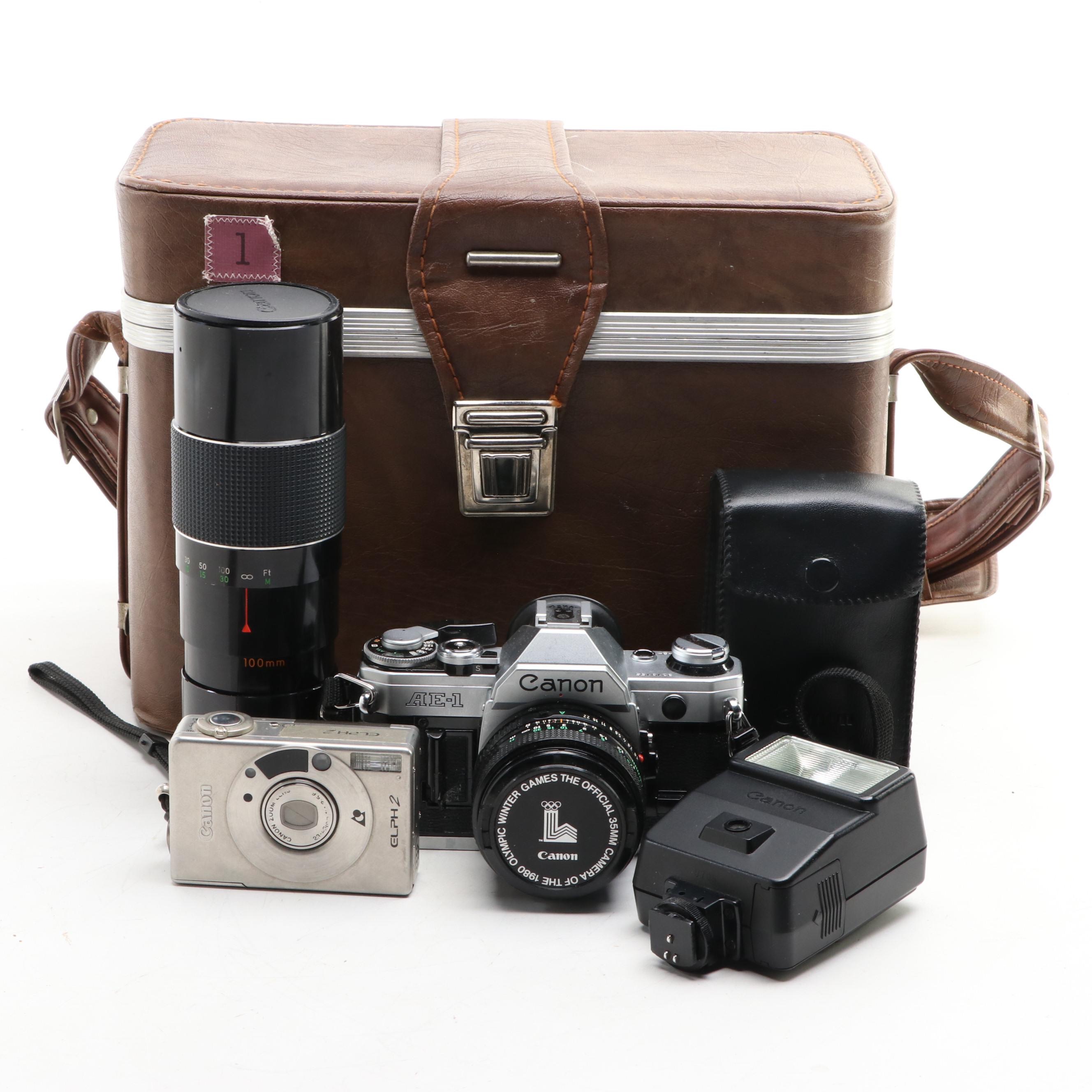 Canon AE-1 35mm and ELPH 2 Cameras with Camera Bag, Lens and Flash