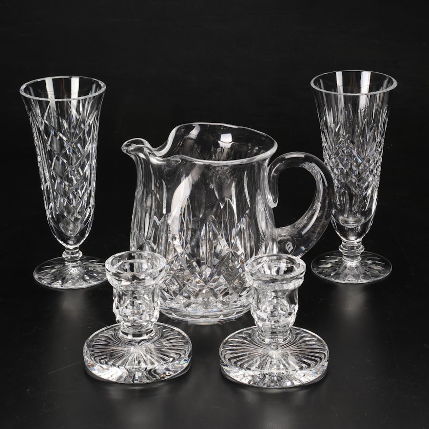 Waterford Crystal "Lismore" Pitcher, "Ashbourne" Vases and Candlesticks