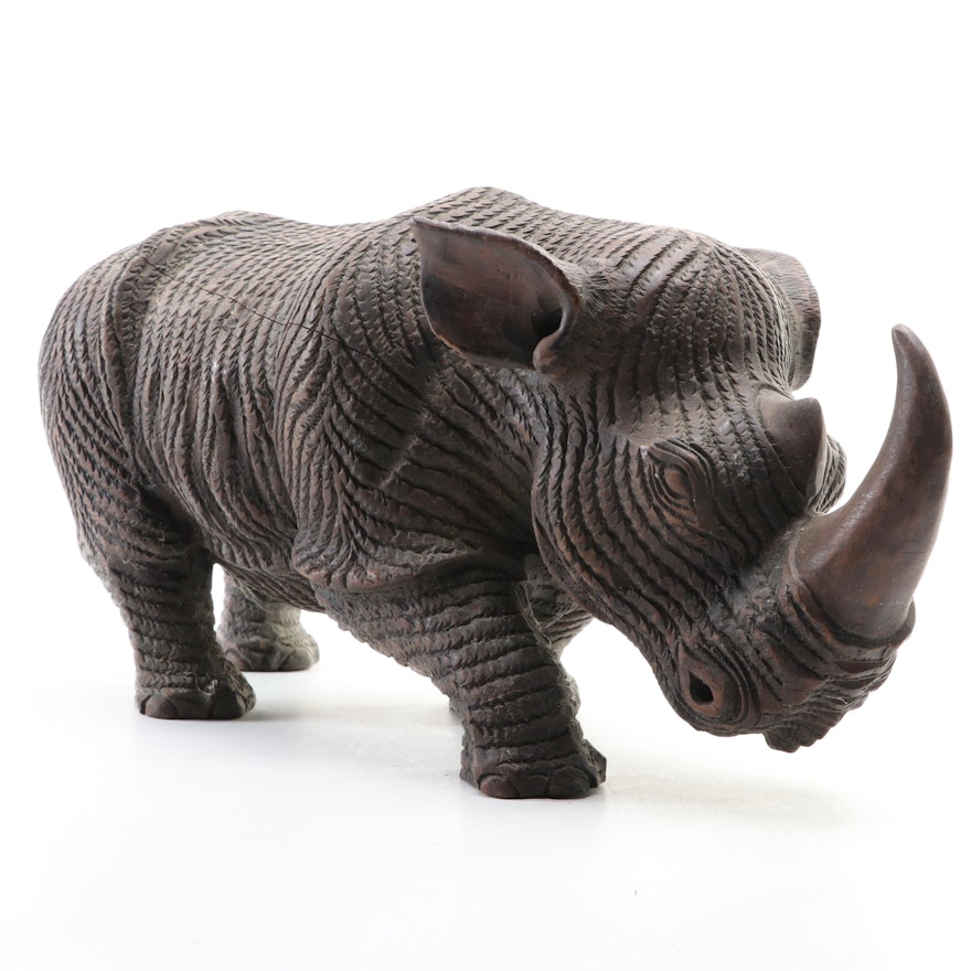 African Hand-Carved Wood Sculpture of Black Rhinoceros