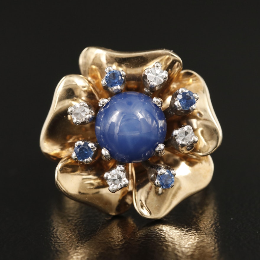 1960s 14K Star Sapphire, Sapphire and Diamond Flower Ring