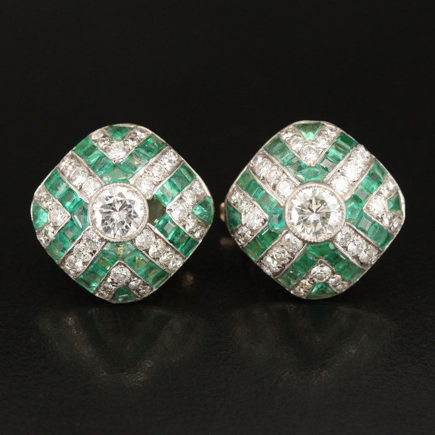 Vintage Platinum 2.42 CTW Diamond and Emerald Earrings