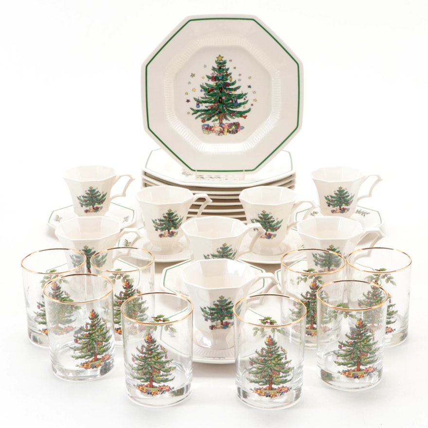 Nikko "Christmastime" Ceramic Dinnerware with Spode Double Old Fashioned Glasses