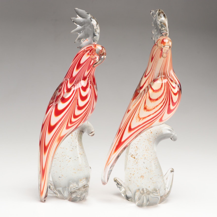 Murano Handcrafted Pulled Feather Art Glass Cockatoo Bird Figurines, 20th C.