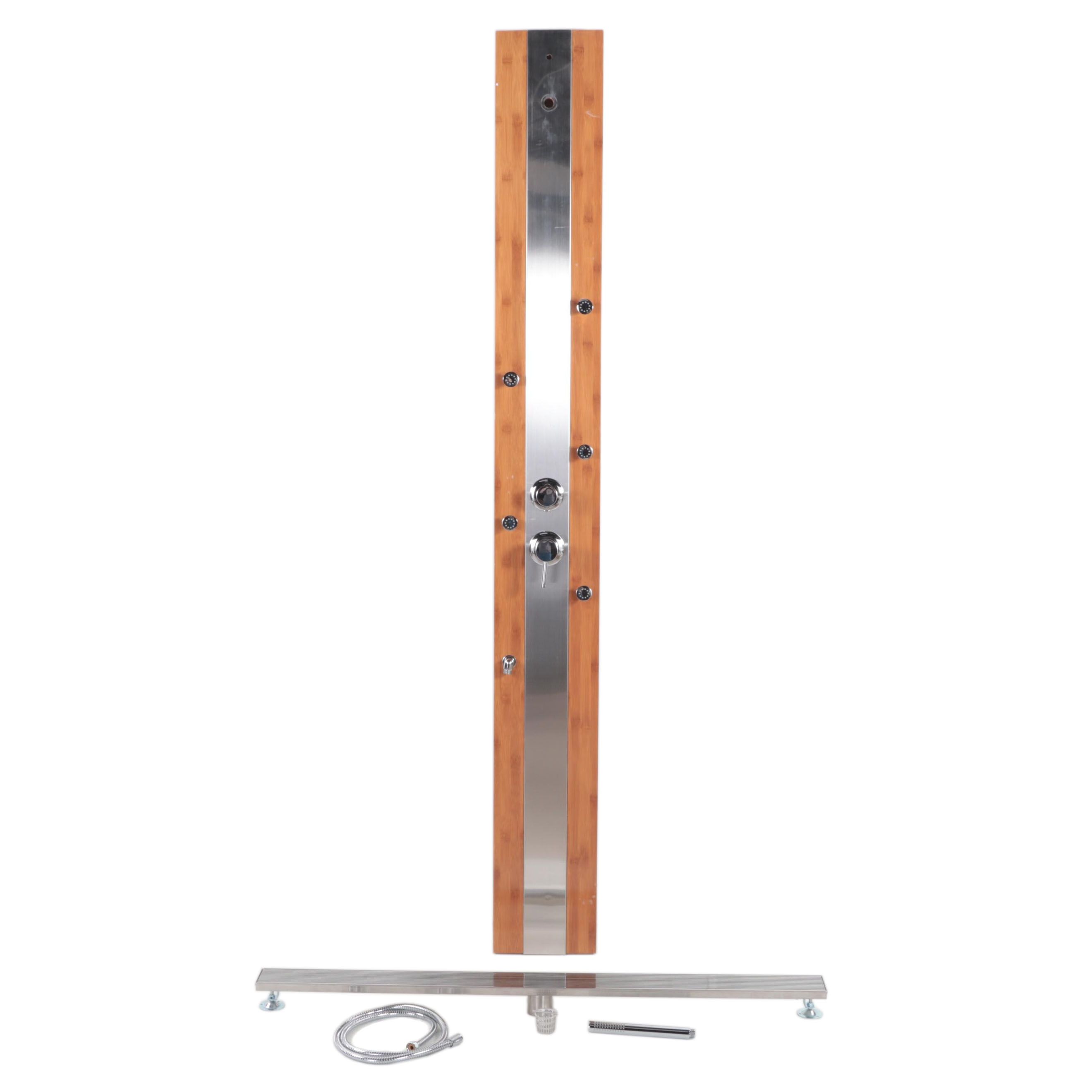 Bamboo and Stainless Outdoor Shower With Linear Shower Drain