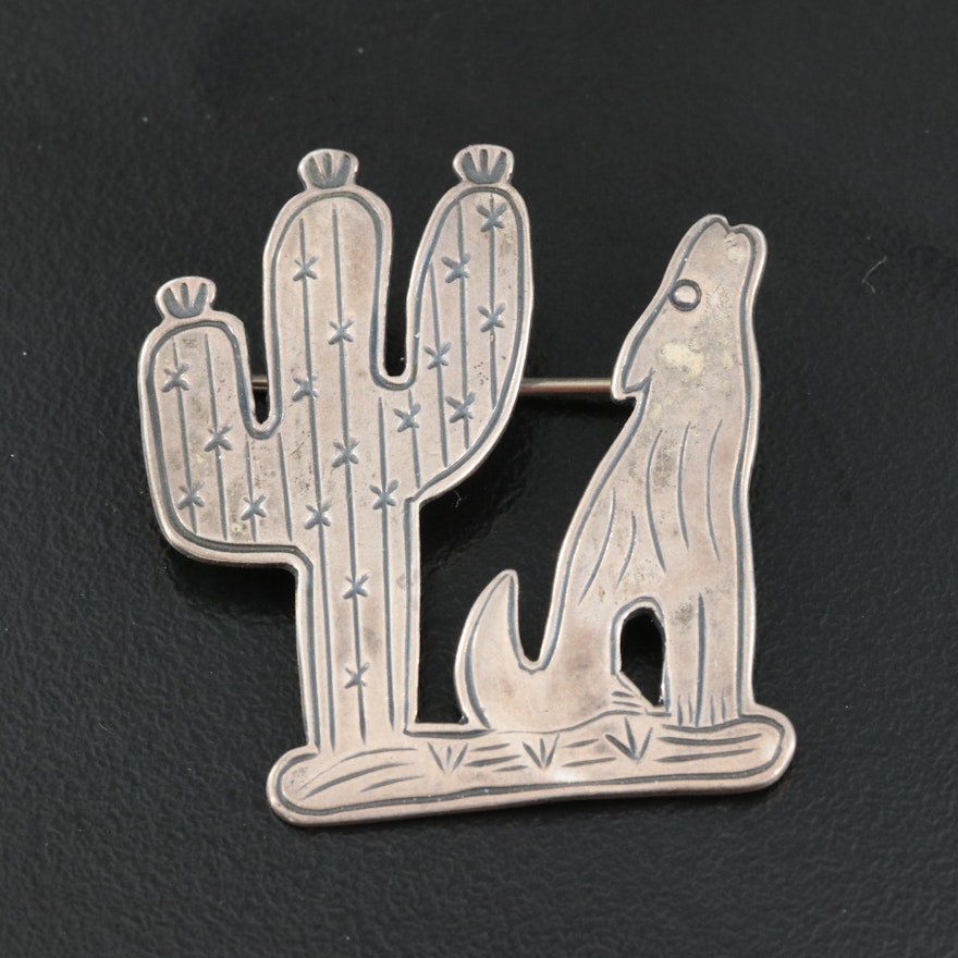 Don Lucas Sterling Coyote and Cactus Brooch