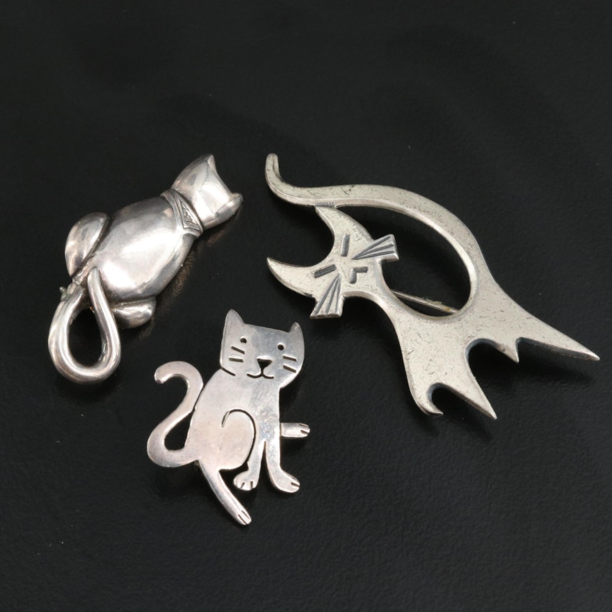 Trio of Sterling Cat Brooches