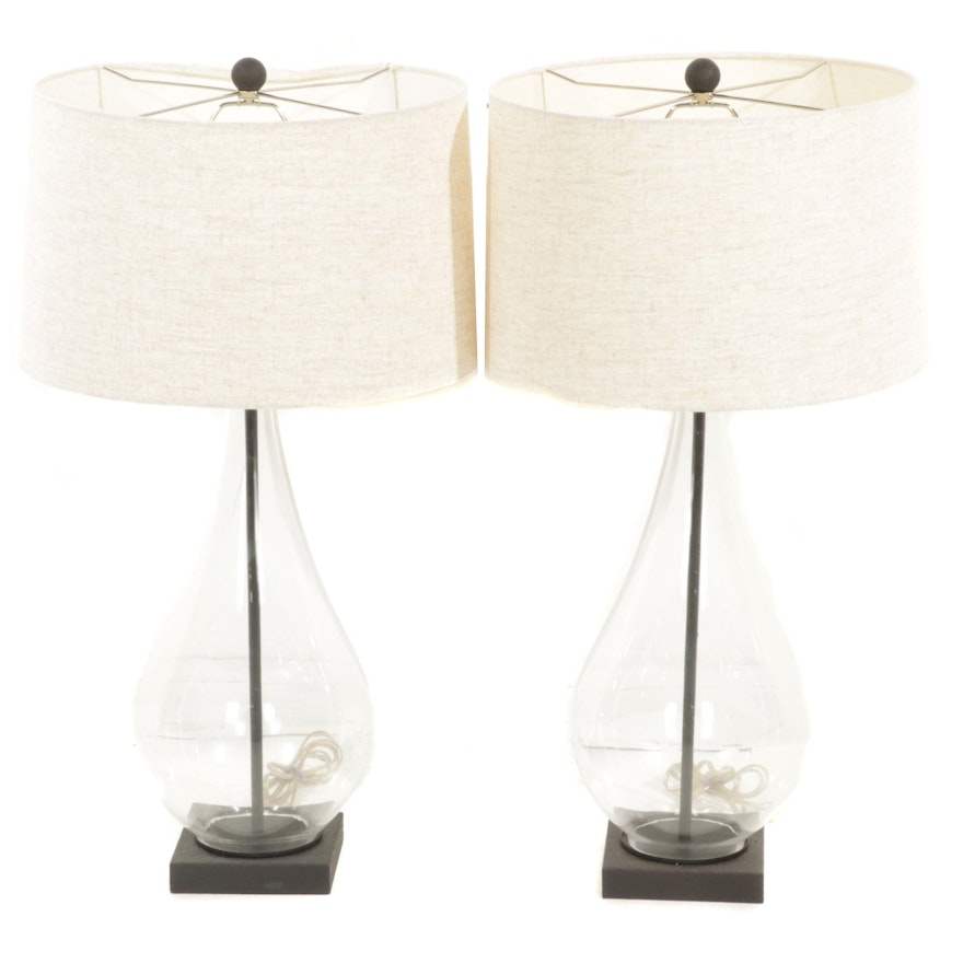 Pair of Bassett Furniture Glass Teardrop Table Lamps With Drum Shades, 21st C