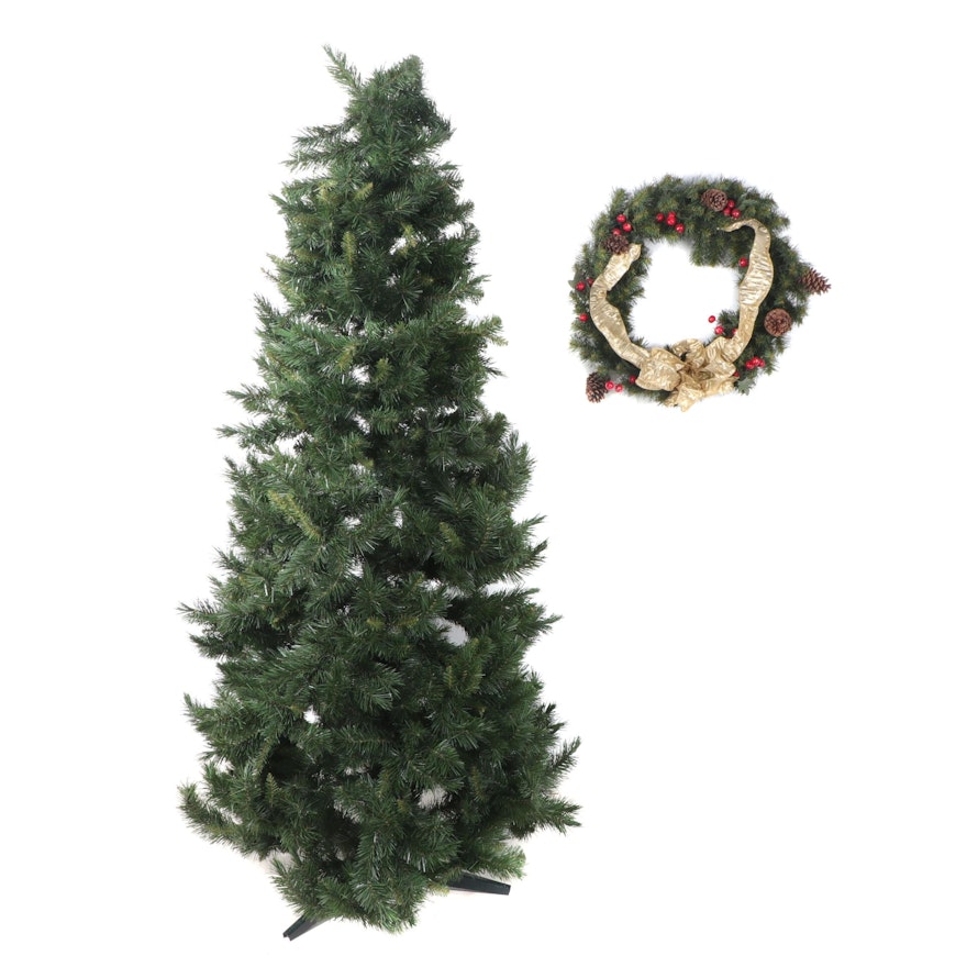 Artificial Christmas Tree and Stand with Berry and Pinecone Wreath