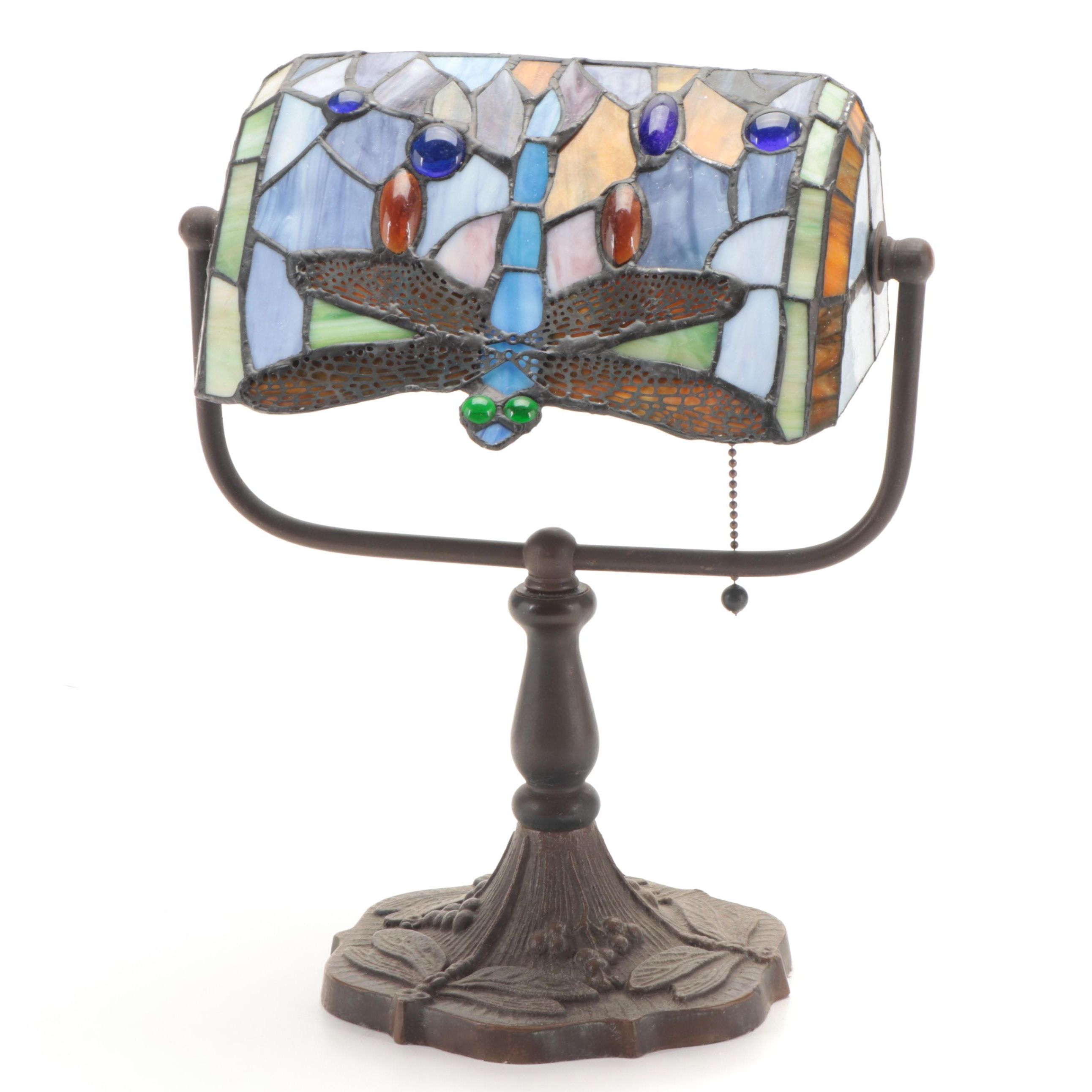 Art Nouveau Style Cast Iron Desk Lamp with Dragonfly Slag Glass Shade