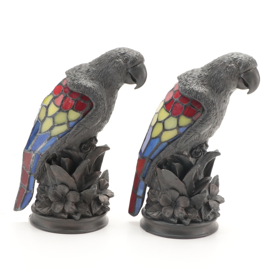 Pair of Cast Composite and Slag Glass Parrot Lamps