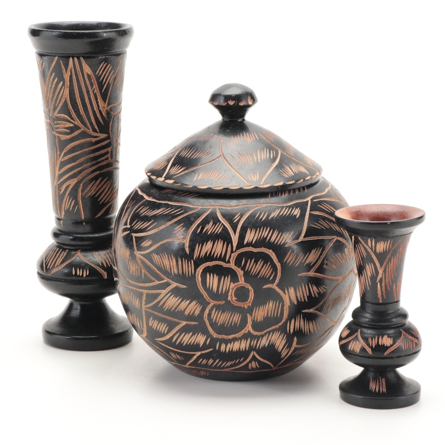 Black Painted Carved and Turned Wood Covered Jar and Vases