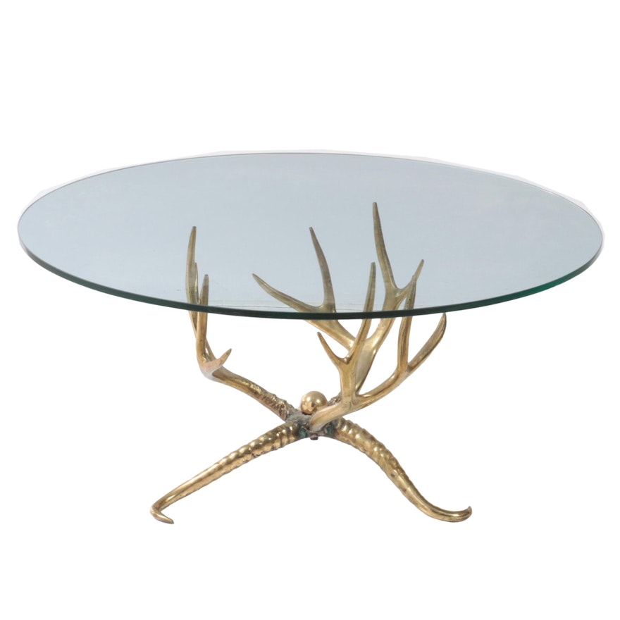 Glass Top Cast Brass Antler Form Coffee Table