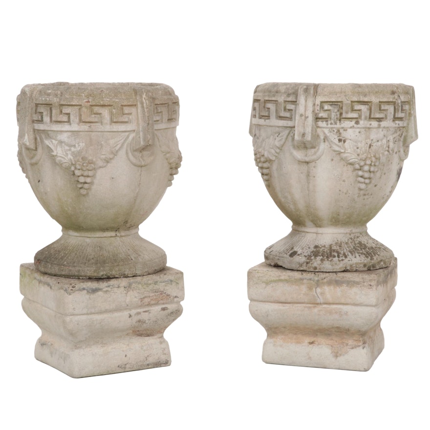 Pair of Greek Key Urn Concrete Planters with Bases, 21st Century