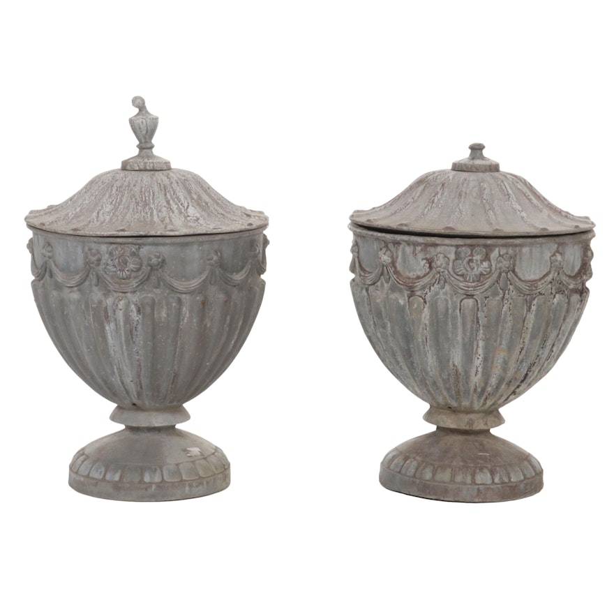 Two Metal Neoclassical Style Covered Garden Urns, 21st Century