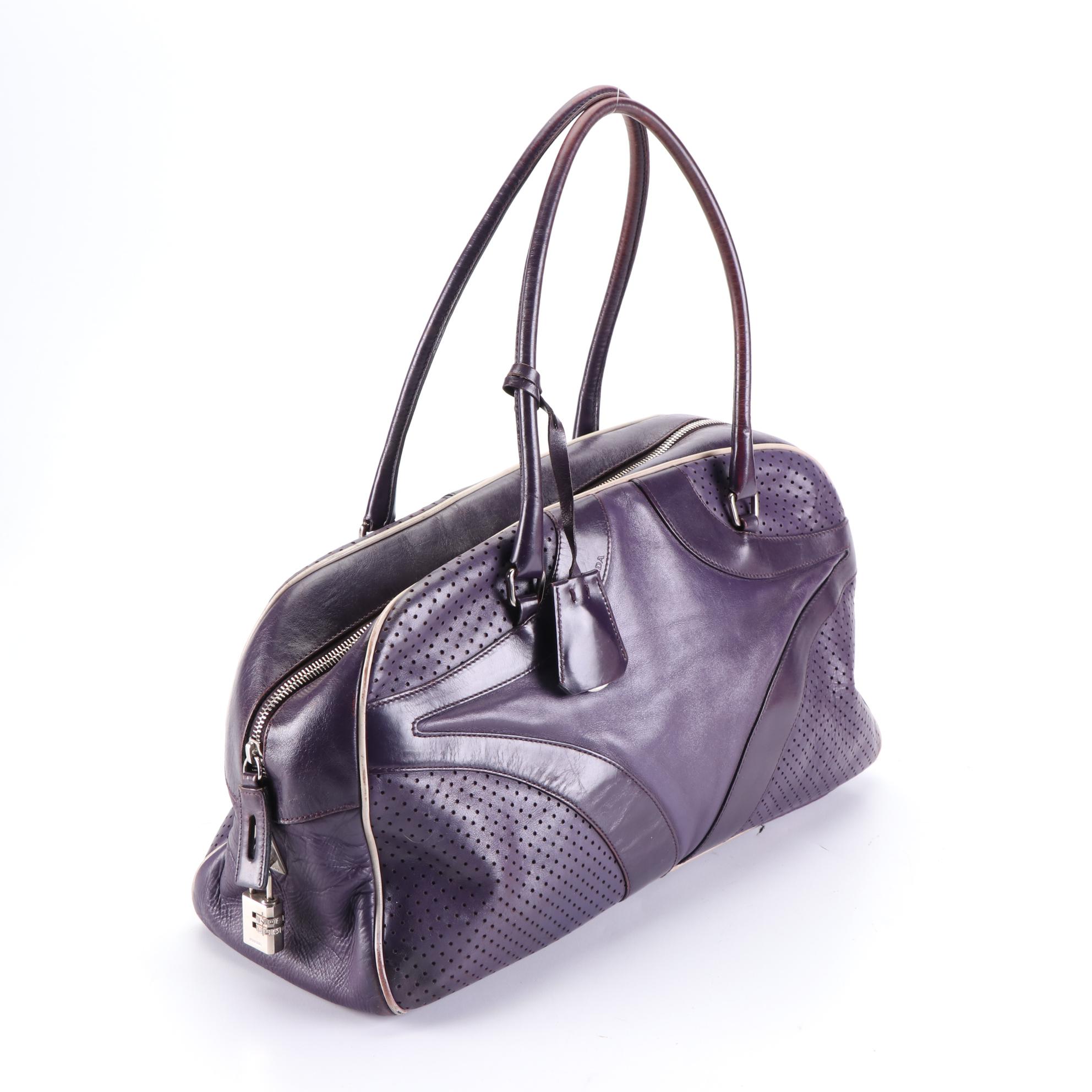 Prada Bowler Bag in Purple Calfskin Smooth, Grained, and Perforated Leather