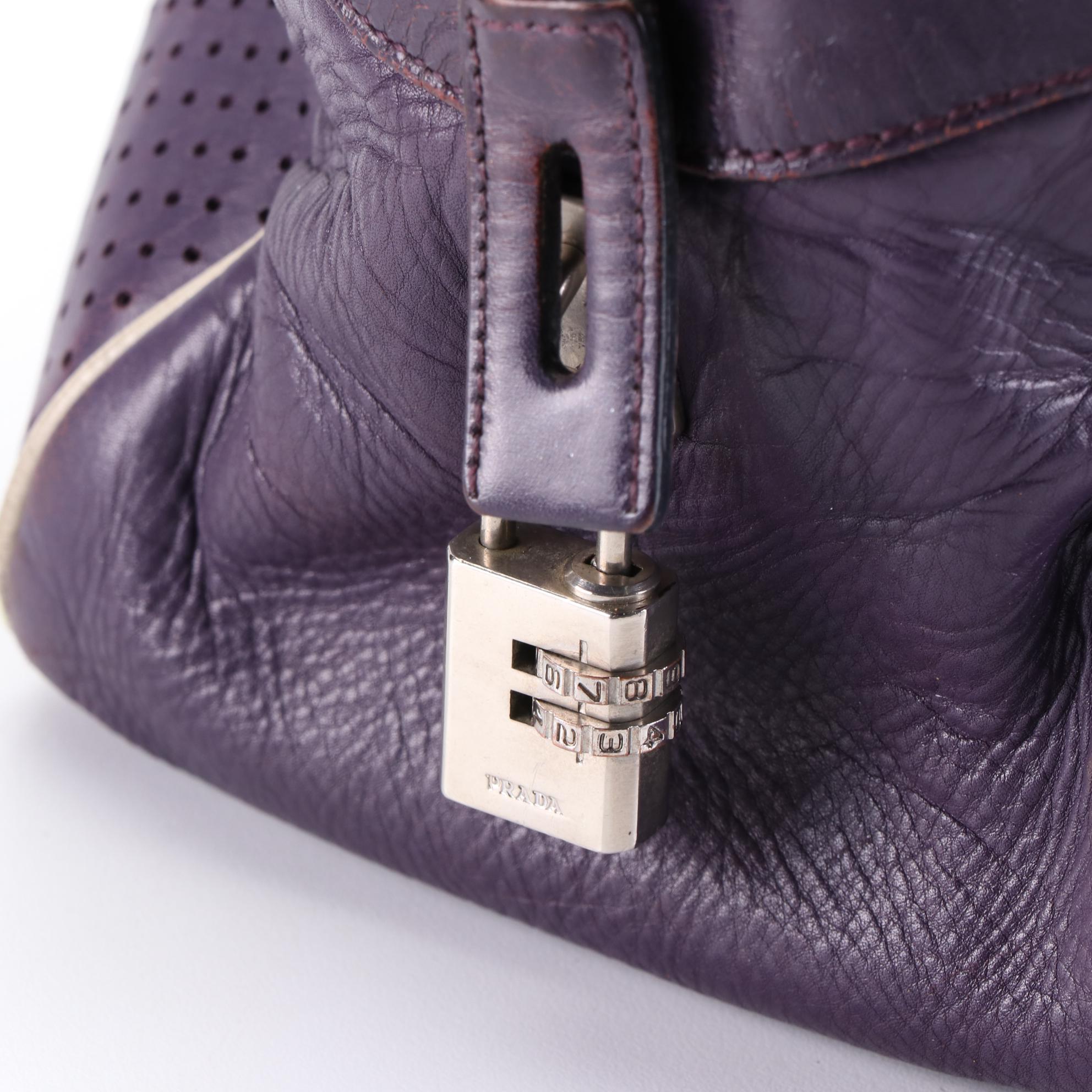 Prada Bowler Bag in Purple Calfskin Smooth, Grained, and Perforated Leather